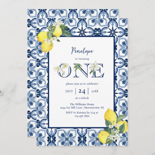 タイル地中海のレモンベビーガールファースト誕生日 招待状 (正面/裏面)