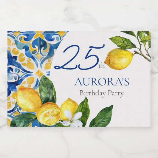 タイル地中海のレモン25誕生日 スパークリングワインラベル (シングルラベル)