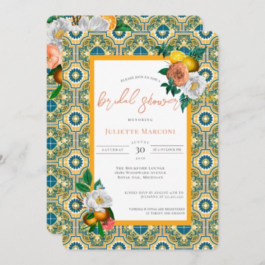 タイル地中海のヴィンテージフローラとレモンのシャワー 招待状 (正面/裏面)