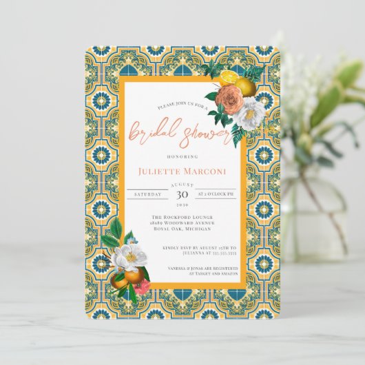 タイル地中海のヴィンテージフローラとレモンのシャワー 招待状 (スタンド正面)