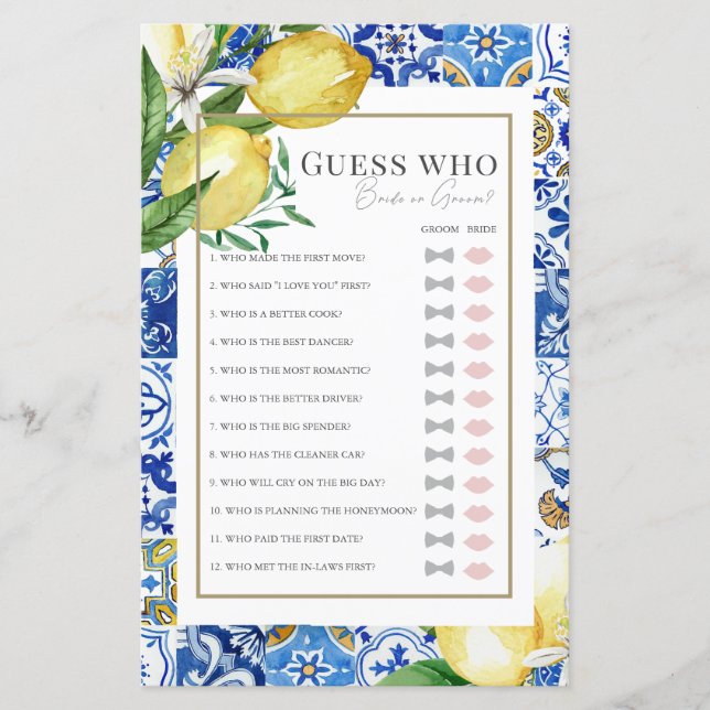 タイル地中海の柑橘系ブライダルシャワー推測する人 (正面)