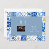 タイル地中海の超音波青ベビーシャワー インビテーションポストカード (正面/裏面)