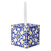 タイル地中海の青と黄色のパターン キューブオーナメント (裏面アングル)