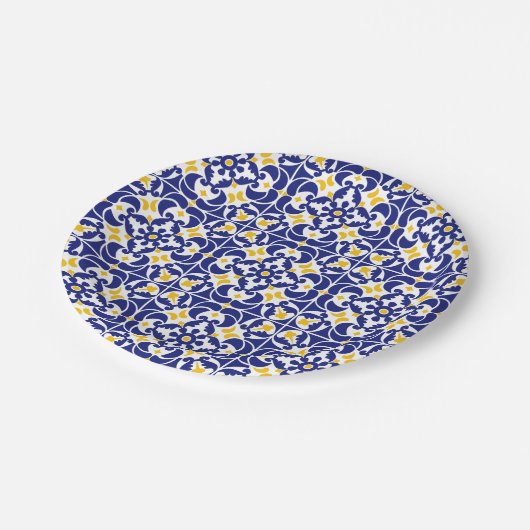 タイル地中海の青と黄色のパターン ペーパープレート (アングル)