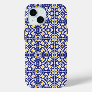 タイル地中海の青と黄色のパターン iPhone 15ケース
