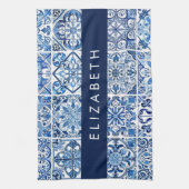 タイル地中海の，ポルトガル語，アズレジョ，あなたの名前 キッチンタオル (縦)
