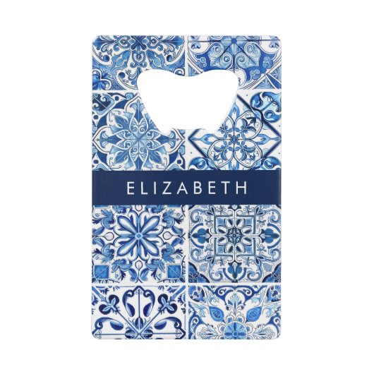 タイル地中海の，ポルトガル語，アズレジョ，あなたの名前 クレジットカード栓抜き (正面)