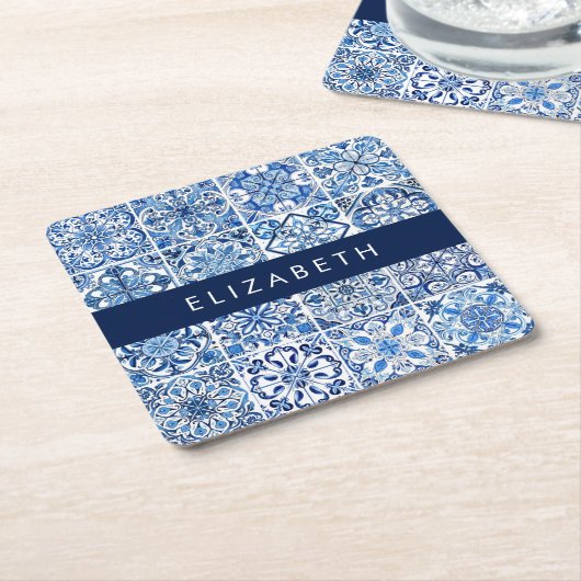 タイル地中海の,ポルトガル語,アズレジョ,あなたの名前 スクエアペーパーコースター (アングル)