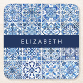 タイル地中海の,ポルトガル語,アズレジョ,あなたの名前 スクエアペーパーコースター (正面)