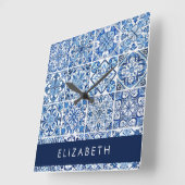 タイル地中海の，ポルトガル語，アズレジョ，あなたの名前 スクエア壁時計 (傾斜)