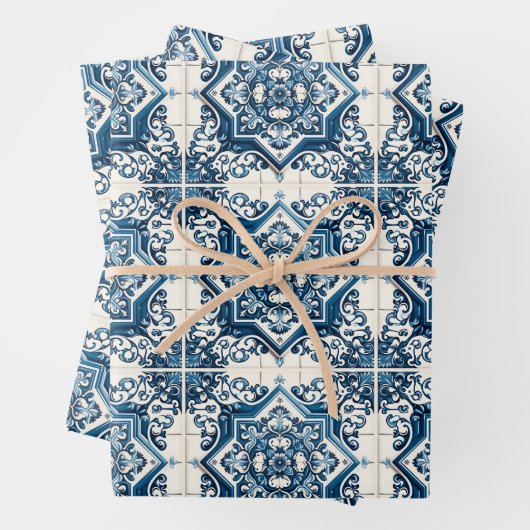 タイル地中海の，ポルトガル語， Azulejo, Majolica ラッピングペーパーシート (インサイチュ)