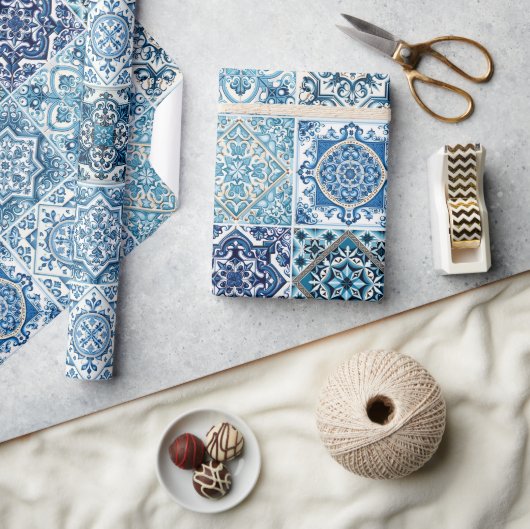 タイル地中海の，ポルトガル語， Azulejo, Majolica ラッピングペーパー (クラフト)