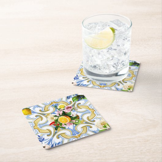 タイル地中海の、マジョリカ、シチリア     スタイルG スクエアペーパーコースター (インサイチュ)