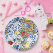 タイル地中海の，レモン，花，マジョリカ，夏， ペーパープレート (パーティー)