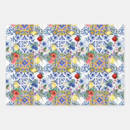 タイル地中海の，レモン，花，マジョリカ，夏， ラッピングペーパーシート