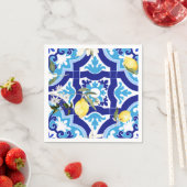 タイル地中海の，青タイル，レモン。 スタンダードカクテルナプキン (インサイチュ)