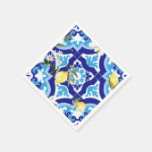 タイル地中海の，青タイル，レモン。 スタンダードカクテルナプキン (角)
