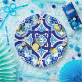 タイル地中海の，青タイル，レモン。 ペーパープレート (パーティー)