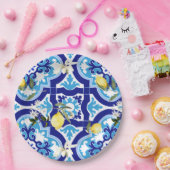 タイル地中海の，青タイル，レモン。 ペーパープレート (パーティー)