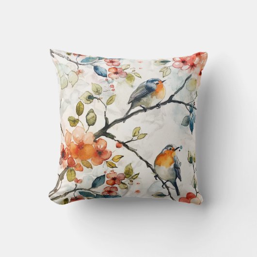 タイル張りの水彩鳥パターン クッション (正面)