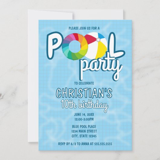タイル張りプールパーティー誕生日招待状 招待状 (正面)