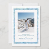 タイル枠シンプルのギリシャ語の青い写真の宛先 セーブザデート (正面)