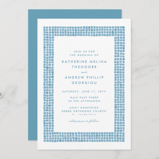 タイル枠シンプルギリシャの青い宛先の結婚式 招待状 (正面/裏面)