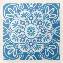 タイル模様ブルーメダリオンコースター ガラスコースター