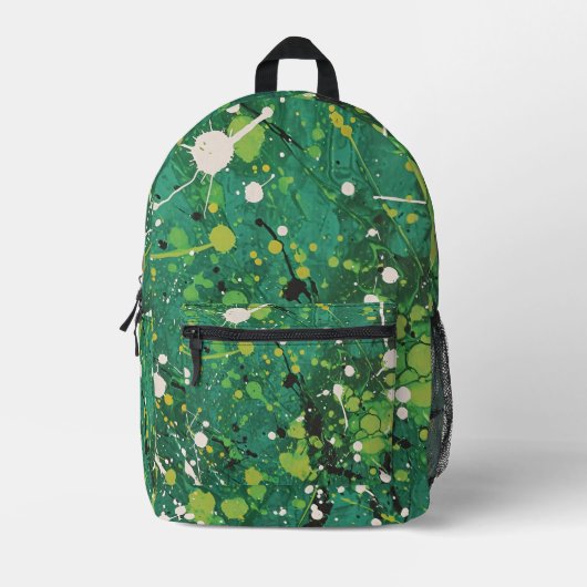 タイル状の緑の絵を描（ばちゃばちゃ）跳ねるパターン プリントバックパック (正面)