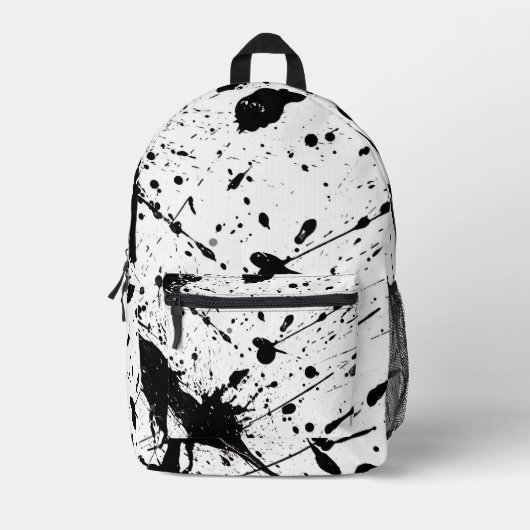 タイル状の黒い絵を描（ばちゃばちゃ）跳ねるパターン プリントバックパック (正面)