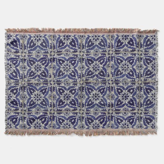 タイル素朴イタリアンアズレジョブルー幾何学模様 スローブランケット (正面)