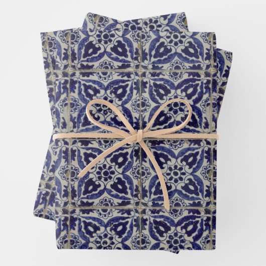 タイル素朴イタリアンアズレジョブルー幾何学模様 ラッピングペーパーシート (インサイチュ)