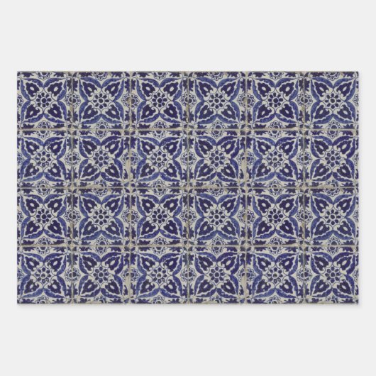 タイル素朴イタリアンアズレジョブルー幾何学模様 ラッピングペーパーシート (正面)