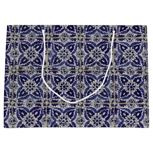 タイル素朴イタリアンアズレジョブルー幾何学模様 ラージペーパーバッグ (正面)