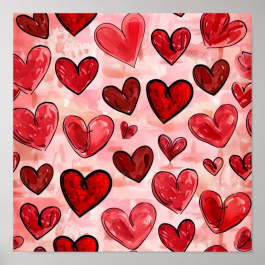 タイル赤いハートパターン ポスター (正面)