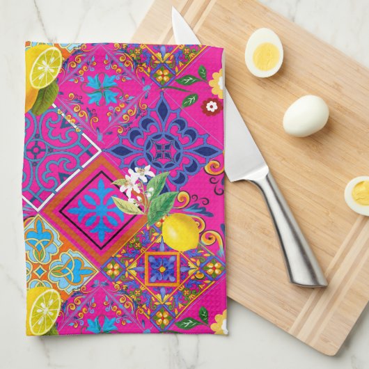タイル,モザイク,アズレジョ,レモン,柑橘類,マジョリカ, キッチンタオル (四つ折り)