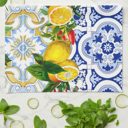 タイル、地中海のマジョリカ、シチリアスタイル キッチンタオル (折り畳み)