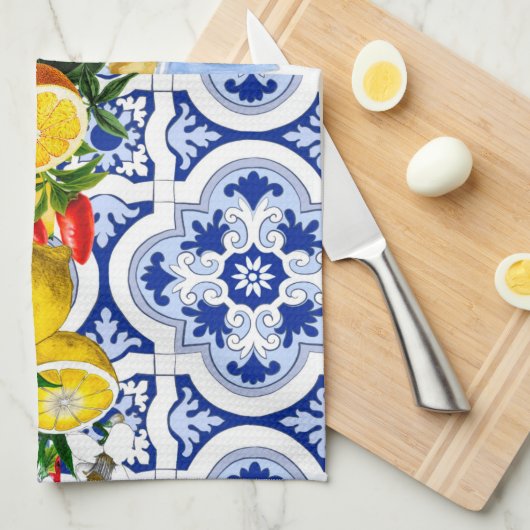 タイル、地中海のマジョリカ、シチリアスタイル キッチンタオル (四つ折り)