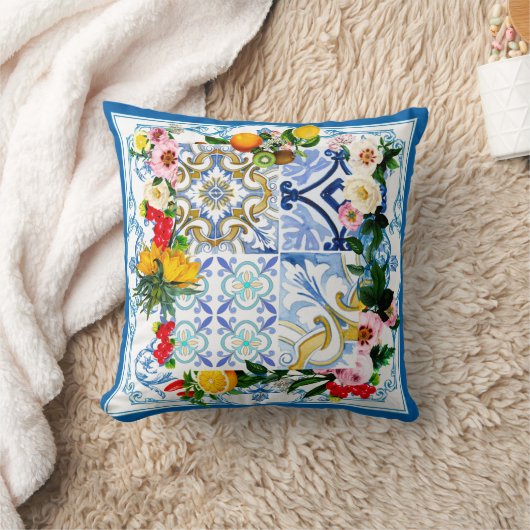 タイル、地中海のマジョリカ、シチリアスタイル クッション (ブランケット)