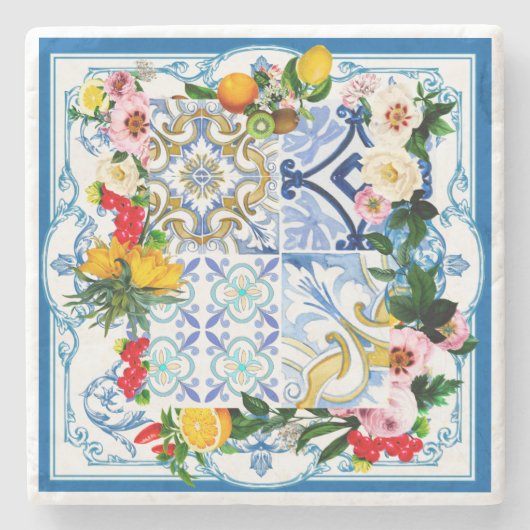 タイル、地中海のマジョリカ、シチリアスタイル ストーンコースター (正面)