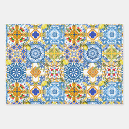 タイル、地中海のマジョリカ、シチリアスタイル ラッピングペーパーシート