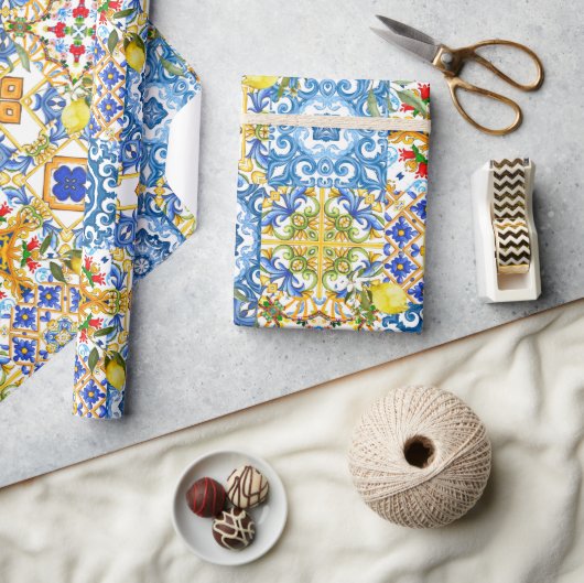 タイル、地中海のマジョリカ、シチリアスタイル ラッピングペーパー (クラフト)