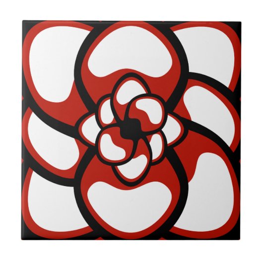 タイル、抽象的な花3、赤、白い黒 タイル (正面)