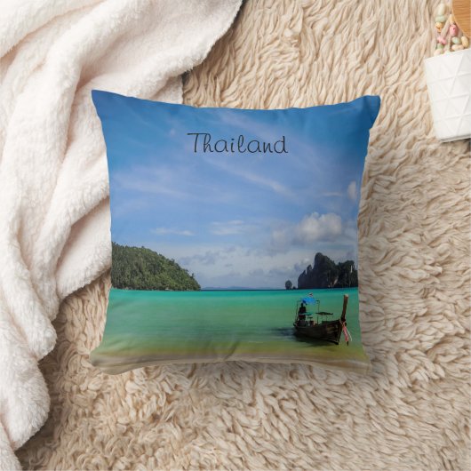 タイ旅行ビーチ写真と魚釣りボート クッション (ブランケット)