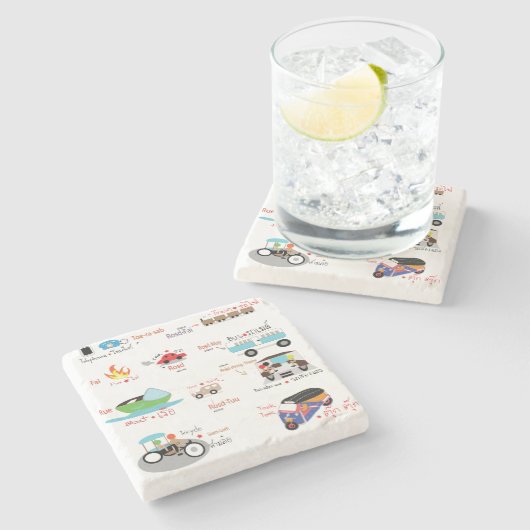 タイ語と英語語を使った車の漫画 ストーンコースター (横)