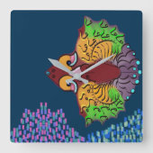タイ語のスクリプトによる抽象的な魚の芸術 | スクエアウォールクロック スクエア壁時計 (正面)