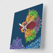 タイ語のスクリプトによる抽象的な魚の芸術 | スクエアウォールクロック スクエア壁時計 (傾斜)