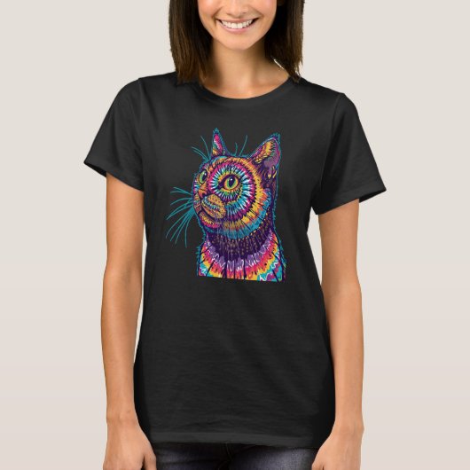 タイ・ダイ柄の猫 Tシャツ (正面)