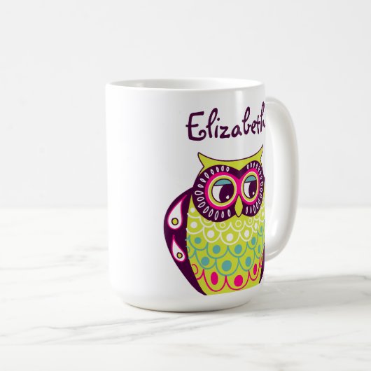 タウニカラフルー予測できなフクロウ名前をカスタムするマグ コーヒーマグカップ (正面右)