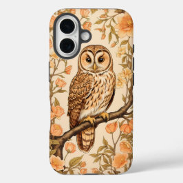 タウニーフクロウ桃の花ウィリアムモリスインスパイア iPhone 16ケース